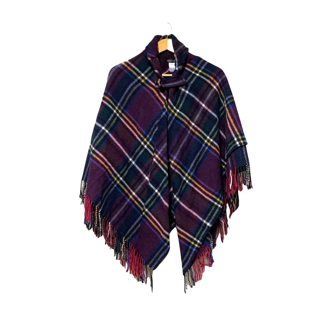 Luisa Brini Wool Plaid Fringe Poncho Free Size Italy
